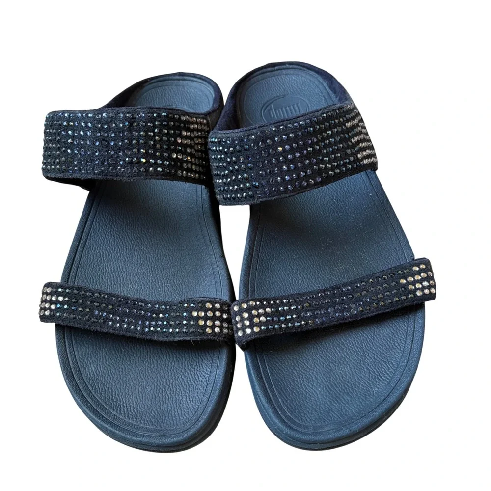 FitFlop Black Wedge Slide Sandals with Rhinestone Straps